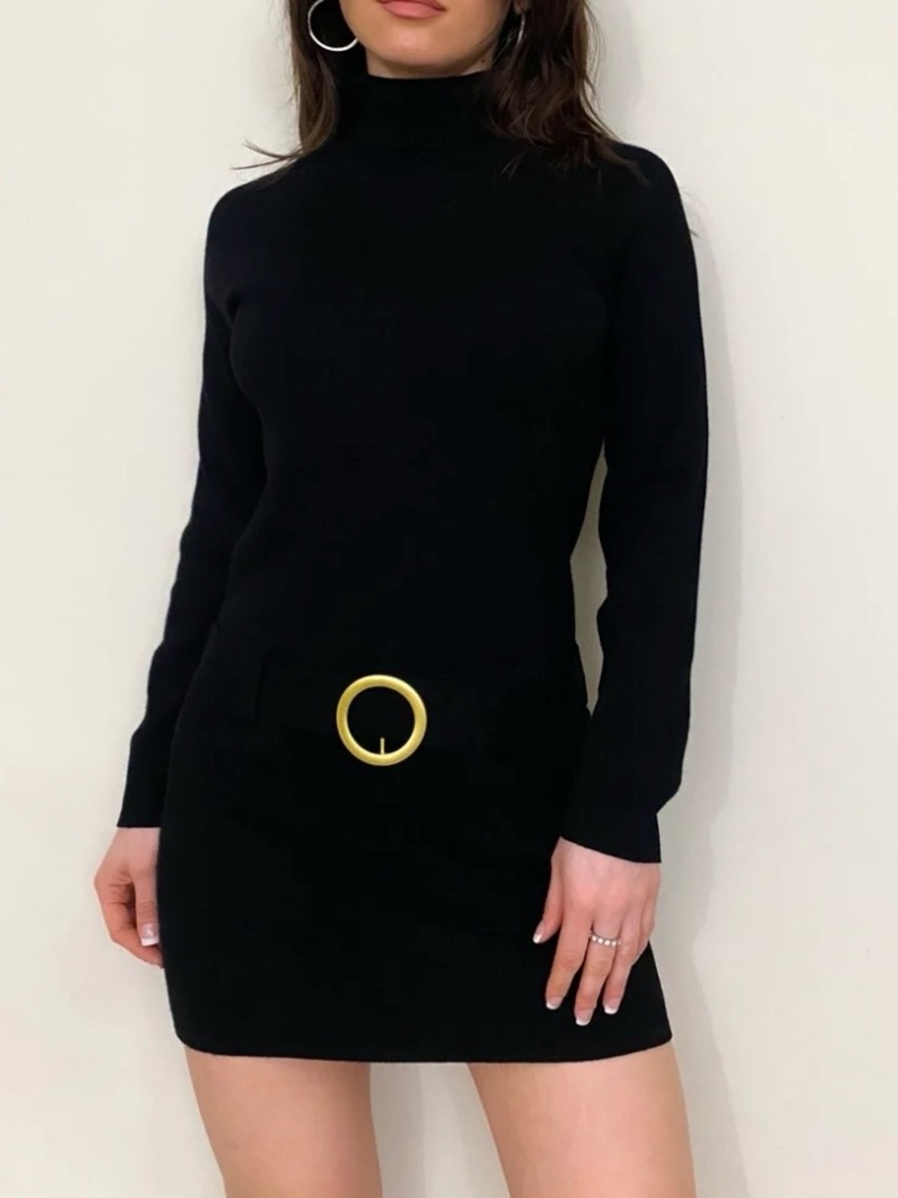 INC International Concepts Brown Turtleneck Sweater/Dress with Gold Buckle